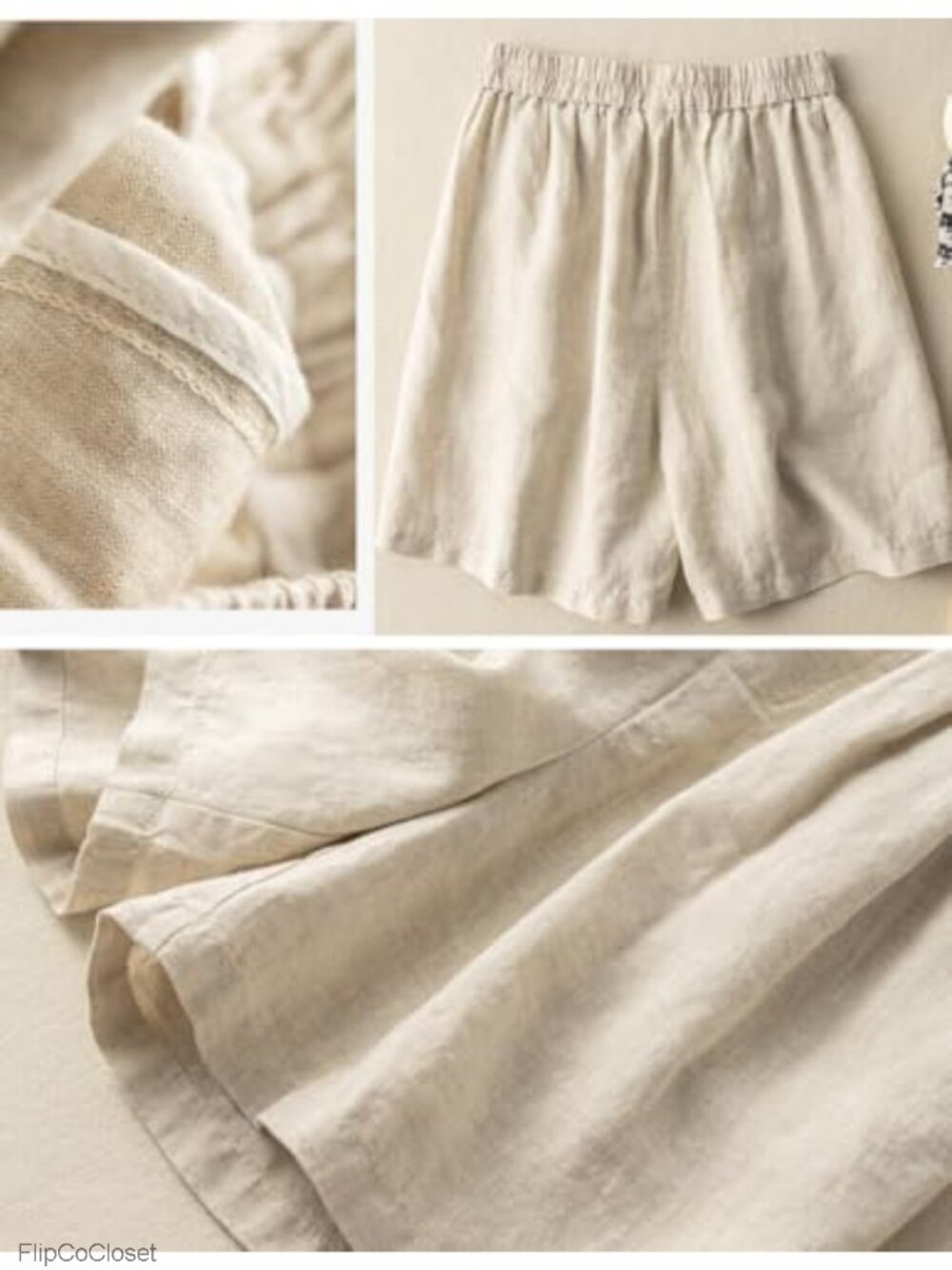 Wide Leg Linen Shorts Elastic High Waisted Pleated Loose Casual Comfy - Picture 2 of 3
